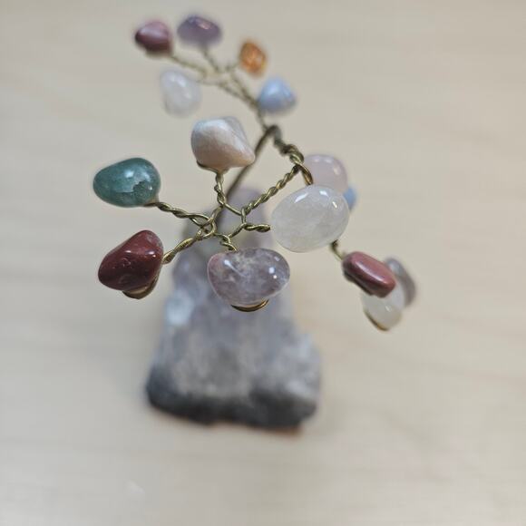 Vintage Handmade Twisted Wire Tree Sculpture with Crystal Base Mixed Gem Stones - Picture 5 of 8